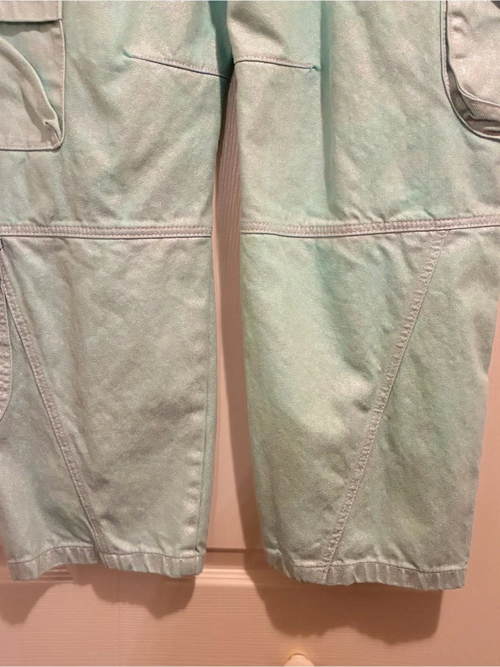 Like New We the Free "Lap of Luxury" Barrel Cargo Jeans in Metallica Aquamarine - Picture 8 of 14